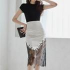 Set: Short-sleeve Top + Lace Hem Midi Pencil Skirt