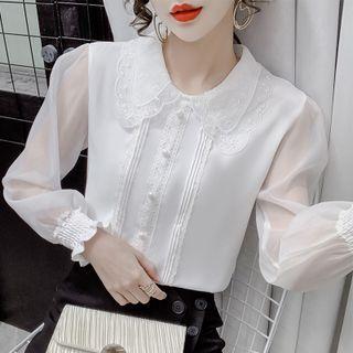 Lantern-sleeve Collared Lace Trim Blouse