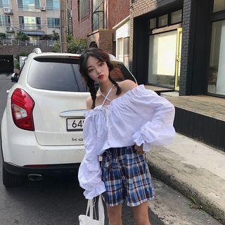 Puff-sleeve Halter Cold-shoulder Blouse