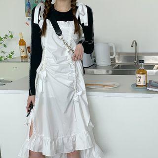 Color-block Long-sleeve T-shirt / Crinkled Pinafore Split Midi Dress