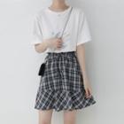 Drawstring-waist Plaid Mini A-line Skirt Plaid - Blue - One Size