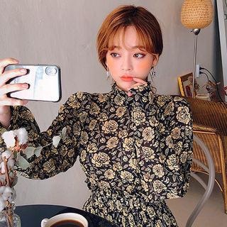 Turn-down Neck Floral Chiffon Blouse