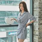 Beribboned Sleeve Wrap-front Mini Shirtdress