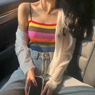 Striped Cropped Ribbed Camisole Top / V-neck Cropped Cardigan