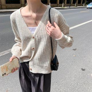 V-neck Plain Button-up Striped Cardigan