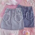 Frayed Heart Patch Mini A-line Denim Skirt