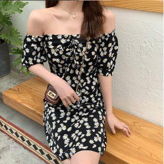 Puff-sleeve Floral Chiffon A-line Mini Dress