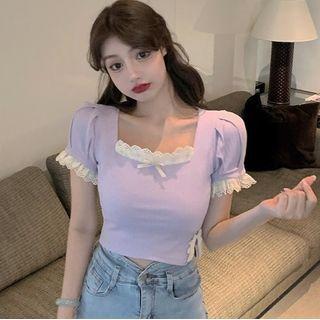 Short-sleeve Lace Trim Knit Top / Mini Fitted Denim Skirt