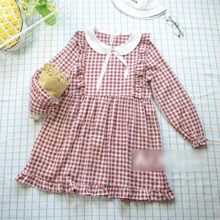 Gingham Frill Trim Long-sleeve Collared Dress