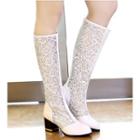 Lace Perforated Block Heel Tall Boots