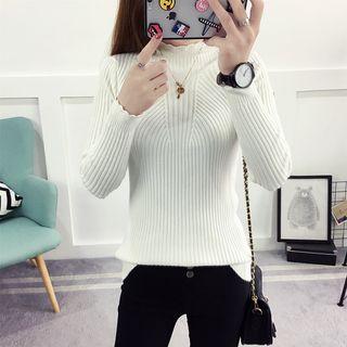 Ribbed Scalloped-edge Mock-neck Sweater