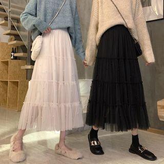 Embellished Tiered Mesh Midi A-line Skirt