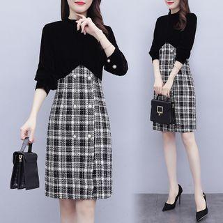 Long-sleeve Double Breasted Plaid Panel Dress