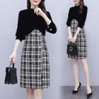 Long-sleeve Double Breasted Plaid Panel Dress