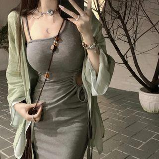 Asymmetrical Midi Bodycon Tank Dress / Light Jacket