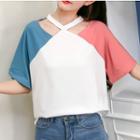Elbow-sleeve Colored Panel Cutout T-shirt