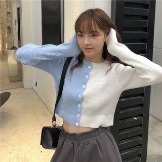 Long-sleeve Two-tone Knit Cardigan Blue & White - One Size