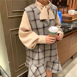 Puff Sleeve Bow Neck Blouse / V-neck Plaid Pinafore Dress