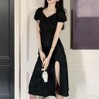 Short-sleeve Glitter Slit Midi A-line Dress