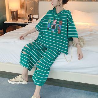 Set: Cat Print Elbow-sleeve Hoodie + Ripped Wide-leg Pants