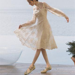 Long-sleeve Mandarin Collar Midi A-line Lace Dress