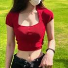 Short-sleeve Square-neck Crop Knit Top Red - One Size