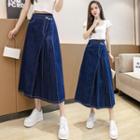 Pleated A-line Midi Denim Skirt