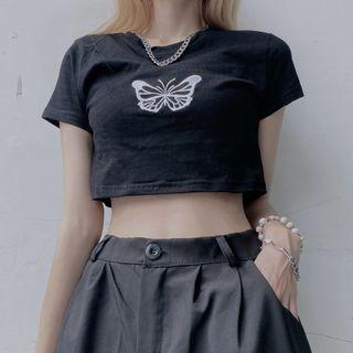 Short-sleeve Butterfly Crop T-shirt Black - One Size