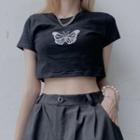 Short-sleeve Butterfly Crop T-shirt Black - One Size