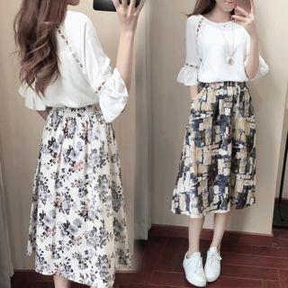 Set: Bell-sleeve Top + Printed Skirt