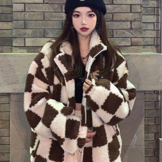 Checkerboard Fleece Zipped Jacket Coffee - One Size