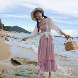 Plain Long Sheer Jacket / Spaghetti Strap Maxi Dress