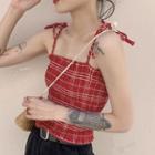 Shoulder-tie Plaid Smocked Top Plaid - Red - One Size