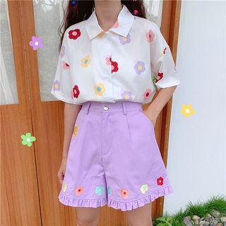 Flower Print Short-sleeve Blouse / High-waist Ruffle Trim Shorts