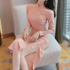 Long-sleeve Lace-trim Cheongsam Dress