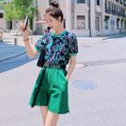 Set: Puff-sleeve Print Top + High-waist Shorts