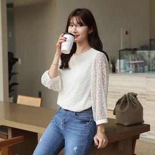 Puff-sleeve Faux-pearl Lace Blouse Cream - One Size