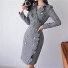 Faux-pearl Houndstooth Frilled Coatdress With Belt