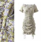 Ruffled Drawstring Floral Print Sheath Dress