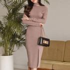 Long-sleeve Mock Neck Cut Out Slit Sheath Dress