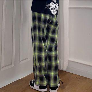 Elastic-waist Straight Wide Leg Plaid Pants