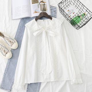 Bow-neck Plain Blouse White - One Size