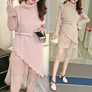 Set: Mock Turtleneck Knit Vest + Bell-sleeve Midi Mesh Dress