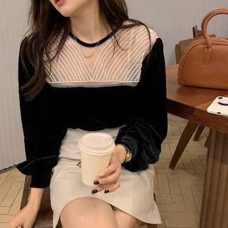 Faux Pearl Mesh Panel Velvet Blouse Black & Transparent - One Size