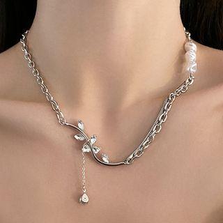Freshwater Pearl Rhinestone Pendant Layered Alloy Choker Choker - Silver - One Size