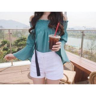Off-shoulder Slit-sleeve Textured Blouse