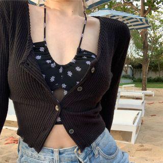 Halter-neck Floral Print Crop Top / Ribbed Cardigan