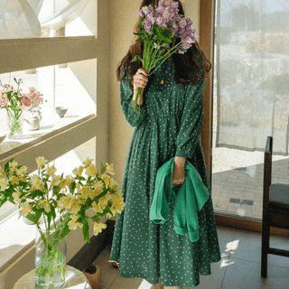 Tie-side Dotted Pleated Long Dress Green - One Size
