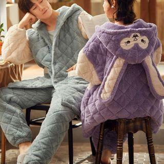 Couple Matching Loungewear Set : Long-sleeve Coral Fleece Hooded Top + Pants