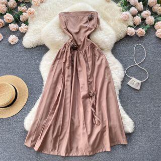 Strapless Flower Accent Midi A-line Dress